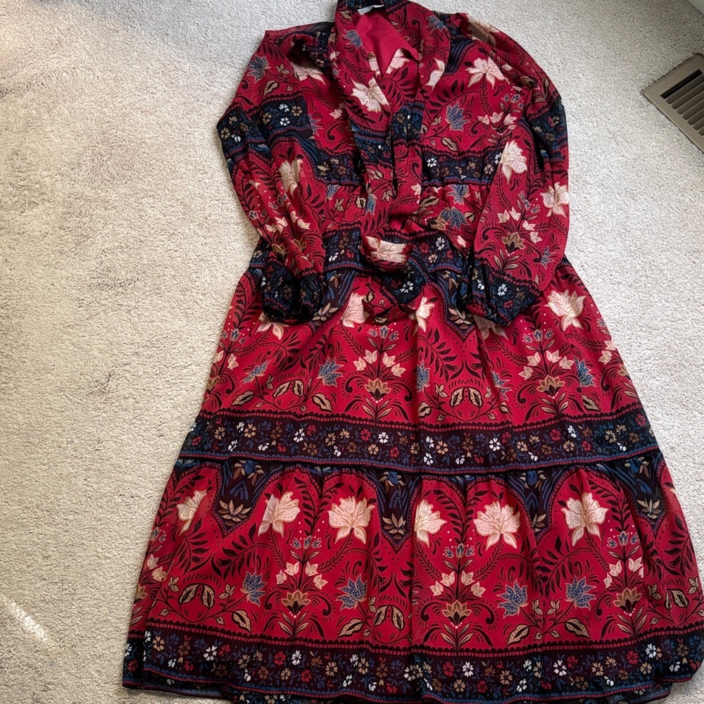 LOFT Red and Black Floral Dress - Medium